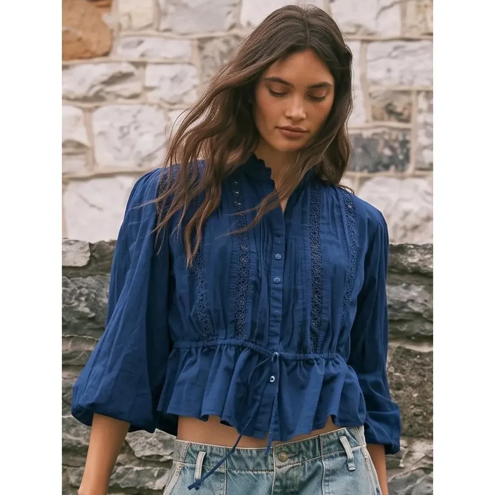 Free People Bohemian Edwardian Dainty Lace Best Of Me Blouse Big Dipper Blue XL